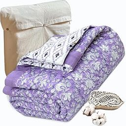 TOAIArt Jaipuri Quilt | Lightweight Comforter/Razai/Rajai | Hand Quilted | Block Printed Reversible 3 Layer| Premium Mulmul Cotton| Cotton Wool Filling| Single Size 60” X 90” | Lavender Kalamkari-image-86