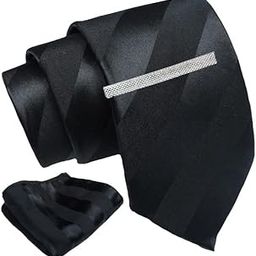 Black Self Striped Tie For Men – Formal Ties Set With Pocket Square & Tie Pin Clip For Mens, Silk Neckties Gift Sets For Men’s (AXNW13)-image-57