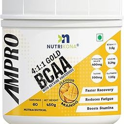 Nutrikona AmPro Gold BCAA 4:1:1 – Intra-Workout Powder with 7g BCAA, 2.5g Glutamine, 800mg Citrulline, 1000mg Taurine, 500mg Betaine – Muscle Recovery & Endurance Support Mango 450Mg-image-80