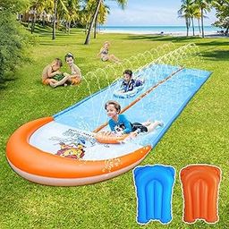 Slip Water and Slide, 15ft Extra Long Lawn Water Slides for Kids Adults, Double Lanes Racing Backyard Summer Sprinkler and Splash Water Toy, XL Slip Waterslide with 2 Inflatable Bodyboards Garden Toy-17