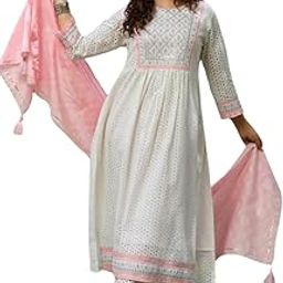 LUXVIBE Women's Cotton Embroidered Nayra Cut Kurti with Pant and Dupatta Set-image-75