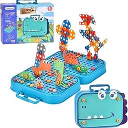 Happy Hues Plastic Diy Electric Drill Screw Tool Set-Mosaic Puzzle 228Pcs- 3D Stem Educational Kit For Kids Construction And Building Block Kit (Dinosaur Design),Multicolor-0