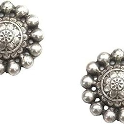 India Oxidised Earrings | Small Studs for Women & Girls, Ethnic Silver Replica Round Stud Earrings-image-89