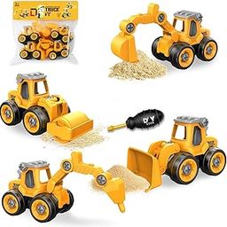 SUPER TOY 4 Construction Trucks Toys for 2 3 4 5 Year Old Boys DIY Disassemble and Assembly Excavator, Bulldozer, Ground Drill, Road Roller Educational Birthday Gift for Kids,Yellow-picture-31