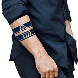 Semipermanent Temporary Tattoo Stickers 20-25 days Lifespan For Men Women Boys & Girls Waterproof 3D Realistic Arm Band Hand Compass Tatto Sticker Blue Coloured Temp Watertransfer Geometric Pattern Temporary Arm Tattoo, Navy Blue Design, Modern Tribal Style Size-24X6.3cm GZBH-028-image-37