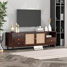 Dews Furniture Solid Sheesham Wood Tv Unit for Living Room with Rattan Dishplay - Free Standing Multipurpose Media Console Tv Cabinet Sideboard - Tv Table Fully Storage (Walnut Finish)-image-55