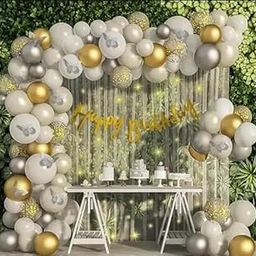 XZOTIC Golden & White Silver Birthday Decoration Kit | Confetti Balloons, White Net Curtain, HBD Banner, Elegant Party Decor Set-image-72