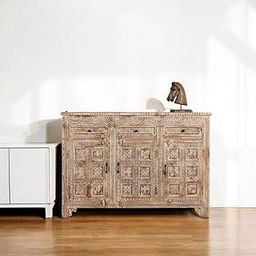 TGF Furniture Store Vintage Hand-Carved Sideboard Cabinet – 3 Door and 3 Drawer Wooden Storage Unit with Decorative Panel Design – Distressed White Finish Console for Living Room-image-45