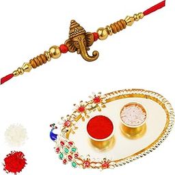 JAIPUR ACE Ganesha Rakhi Gift Set | Wooden Beads Rakhi with Golden Peacock Pooja Thali & Roli Chawal | Perfect Rakshabandhan Gift for Brother, Bhaiya, Bhai, Bhabhi-26