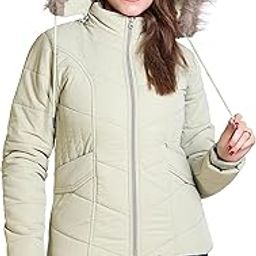 Quilted Winter Puffer Jacket with Faux Fur Hood, Full Zip, Beige-image-33