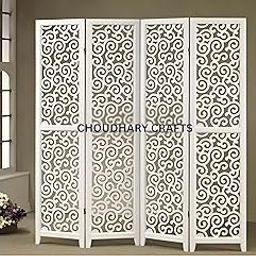 CHOUDHARY Crafts Decorative Room Divider Screen, 4-Panel White Wooden Partition with Scroll Pattern, Freestanding Privacy Screen-image-69