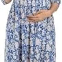crafiqa Pre & Post Maternity/Nursing Wear Hand Block Printed Kurta Cum Midi Dress/Nighty with Both Sides Zipper for Easy Feeding for to Be Moms & Nursing Mothers � Pure Cotton - Indigo-picture-3