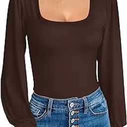 Women's Long Sleeve Square Neck Puff Sleeve Bodysuit for Going Out Coffee, L-image-64