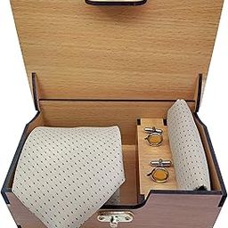 Men Premium Microfiber Neck Tie and Pocket Square with Cufflink Combo Gift Set in Premium Wooden Box(Cream, Free Size)-image-19