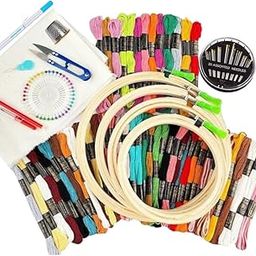 KHUSHA CREATIONS Embroidery Materials Kit New,50 Colour Threads,4 Pcs Wooden Hoops (8,7,6,5 inch),2 Pcs Embroidery Cloth Embroidery Beginner Supplies Tool Kit-picture-13