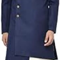 Men's Indo-Western Kurta Sherwani Churidar Set, Blue Cotton Blend, Solid Dyed Regular Fit Mandarin Collar Long Sleeves-18