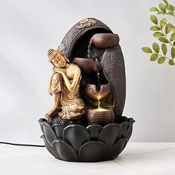 Mahganya Polyresin Table Top Budha Brown Color Indoor Waterfall Fountain for Home Decor with Yellow LED Lights & Water Flow Controller Pump (Size: 20x 12x 12CM)-image-42