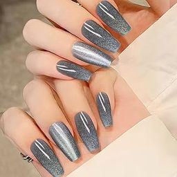 Secret Lives Cats Eye Reusable Artificial Long Coffin Shape Translucent Black Color Designer Fake Press on Nails 24 Pieces Set with Kit-19