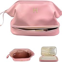 Vogewood Initial Large Makeup Bag, Personalized Double Layer Cosmetic Bag with Makeup Brush Organizer, Waterproof, Large Capacity PU Leather Travel Toiletry Bag, with 2 Drawstring Toiletry Organizers,-9