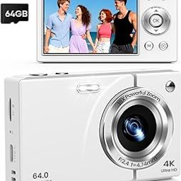 Digital Camera, 4K Vlogging Camera with Autofocus, 64MP, 16X Zoom, Anti-Shake,64GB Card Included, Built-in Battery, Small Digital Camera for Teen Adult Beginners, Ideal for Travel & YouTube - White-image-97