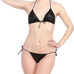 Satin Women's Halter Bikini Honeymoon/Bridal/Beach Wear/Lingerie Set, Color- Black-image-91