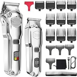 Hatteker Hair Clipper & Trimmer Set for Men IPX7 Waterproof Cordless Barber Clipper for Hair Cutting Kit with T-Blade Trimmer Beard Trimmer Kids Clipper Professional USB Rechargeable (Silver)-45