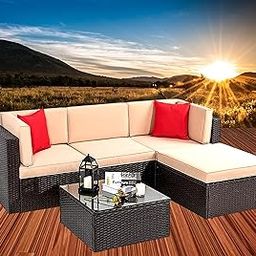 DEVOKO 3 Pieces Outdoor Patio Furniture Sets All Weather Outdoor Sectional Sofa Manual Weaving Wicker Rattan Patio Conversation Set with Cushion and Glass Table (Dark Brown & Cream)-image-22