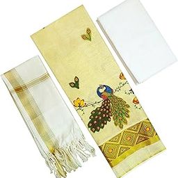 Women's Kerala Traditional Unstitched Gold Tissue Material Salwar Suit Mural Printed Kurta Set-image-27