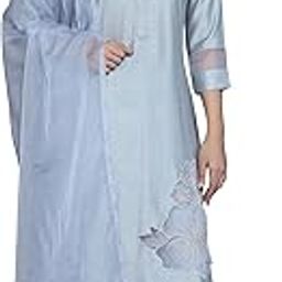 Grey Solid Silk Blend Straight Kurta With Trousers & Dupatta-picture-10