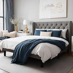 HITHOS Solid Wood Modern Upholstered King Size Bed Without Storage for Bedroom Living Room Home Wooden Double Bed Low Height Cot Bed with Upholstery Headboard (Light Grey) -3 Year Warranty-image-37