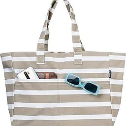 Large Printed Canvas Beach Pool Bag For Women | 16 x 12.5 Inch - 100% Cotton Tote With Zipper, 4 Pocket Outside & Inside Pocket, Casual, Travel Fashion-image-25