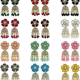 Traditional Jhumka meenakari oxidised kundans flower Jhumka Earrings, Floral Design with Beaded Danglers, Multiple Colours Available-image-5