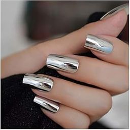VIKSON INTERNATIONAL 24 Pcs press on Silver Chrome Mirror Finish || press on fake Artificial False nails extension set Box || WITH FREE nail glue sticker sheet & nails apply kit for girls women.-7