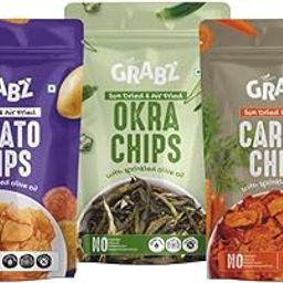GRABZ Healthy Potato Chips, Crispy Bhindi Okra Chips & Carrot Chips | Air-Cooked | Low Calorie Snacks| Gluten Free, Low Cholesterol | High Fiber, Spicy Garlic Masala Flavor | 20g Each (Pack of 3)-image-75