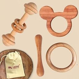 MINIMAVIN Natural and Chemical-Free Neem Wood Teethers | bpa Free Wooden teether for 6 to 12 Months Baby | Anti-Bacterial and Anti-Fungal (Rattle+Bunny+Ring+Dumbell(Set of 4))-image-32