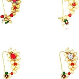 Maharashtrian Traditional Pearl Temple Jewellery marathi Banu Nathiya Nose pin Nath Nose Ring for Wedding Women Girls design Combo Gold Press Non pierced/pierced (4 pcs) -NATH COMBO-143-picture-53