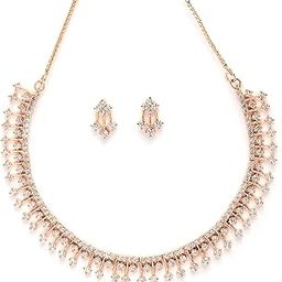 Rose Gold Toned American Diamond Jewellery Set for Women | Fancy Jewellery | Designer Drop Rose Gold-Plated Floral Earrings & Necklace for Women & Girls-image-41