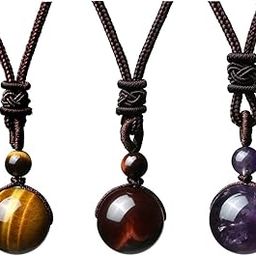 JOVIVI 3pcs Healing Crystals Necklace Natural Tiger Eye Amethyst Lucky Blessing Protection Chakra Beads Stone Pendant for Women Men Adjustable-image-53