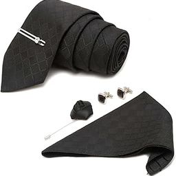 Mens Sable Black Italian Silk Necktie Set Incl Pocket Square Cufflinks Chrome Tiepin Brooch American Style Formal Tie Gift Set for Men (BL011CP)-image-18