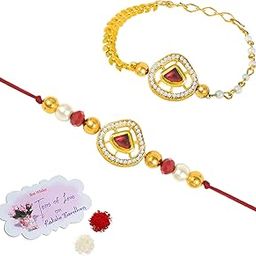 JFL - Jewellery for Less Elegant Raksha Bandhan Combo of Red Kundan Rakhi and Lumba Set for Bhaiya Bhabhi with Roli Chawal and Written Greeting Note.-image-45