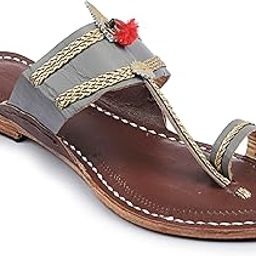 Women's Kolhapuri Chappal with Golden Braids Smooth and Comfortable Flip Flops Slipper Grey Upper Red Brown Base Leather Handcrafted Sandal Anti Slip Design Traditional Footwear-image-38