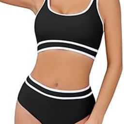 Women's High Waisted Bikini Sets Sporty Two Piece Swimsuit Color Block Cheeky Cute High Cut Bathing Suits-picture-6