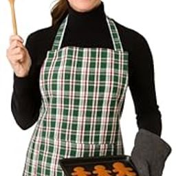 JYOTEX Holiday Plaid Kitchen Apron with Pockets, Green and Red Check Pattern, Baking Cookware Accessory (Set D)-image-5