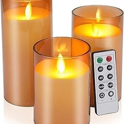 LTETTES Flameless LED Candles AA Battery Powered with Golden Acrylic Fiber Glass with Remote Controller and Timer for Home Festival Wedding Decor (Set of 3-3" D x 4",5",6" H)-28