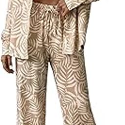 Women's Beige and White Leaf Print Co-Ord Set, Long Sleeve Shirt and Wide Leg Pants-image-76