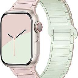 GUOi® Magnetic Silicone Watchband Compatible with Apple Watch Ultra 2＆Ultra 49mm 45mm 44mm 42mm 46mm-Men&Women Strap for iWatch Se10/9/8/7/6/5/4/3/2/1 SE 46/44/45/49/42mm(Series 3/2/1)-Pink+Softmint-19