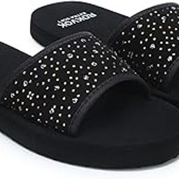 Women's Studded Slide Sandals, Black, Cushioned Footbed, Crystal and Gold Embellishments-picture-1
