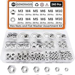 Generasis - Metric Hex Nut and Washer Assortment Kit, 6 Size Nuts and Washer Set (M3 M4 M5 M6 M8 M10) 304 Stainless Steel Hardware Hex Nuts for Screw Bolt (240 Pcs Small Assortment Kit)-2