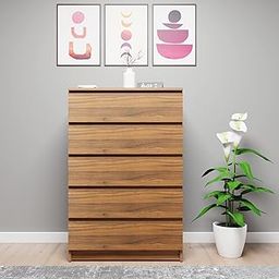 Viki Dresser With 5 Drawers, Chest Of 5 Drawers,Clothes Storage, Organizer Unit For Bedroom, Hallway, Entryway,Easy Pull Drawers, Width 80Cms, Brussel Walnut Colour | 1 Year Warranty - Matte-image-95