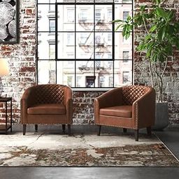 Decorlevel 2- Piece 29" Wide Tufted Faux Leather Barrel Club Chair Faux Leather Club Chair, Arm Chair, Wing Chair, Cushioned Lounge Single Seater Chair for Living Room Office Bedroom. (Brown)-image-28